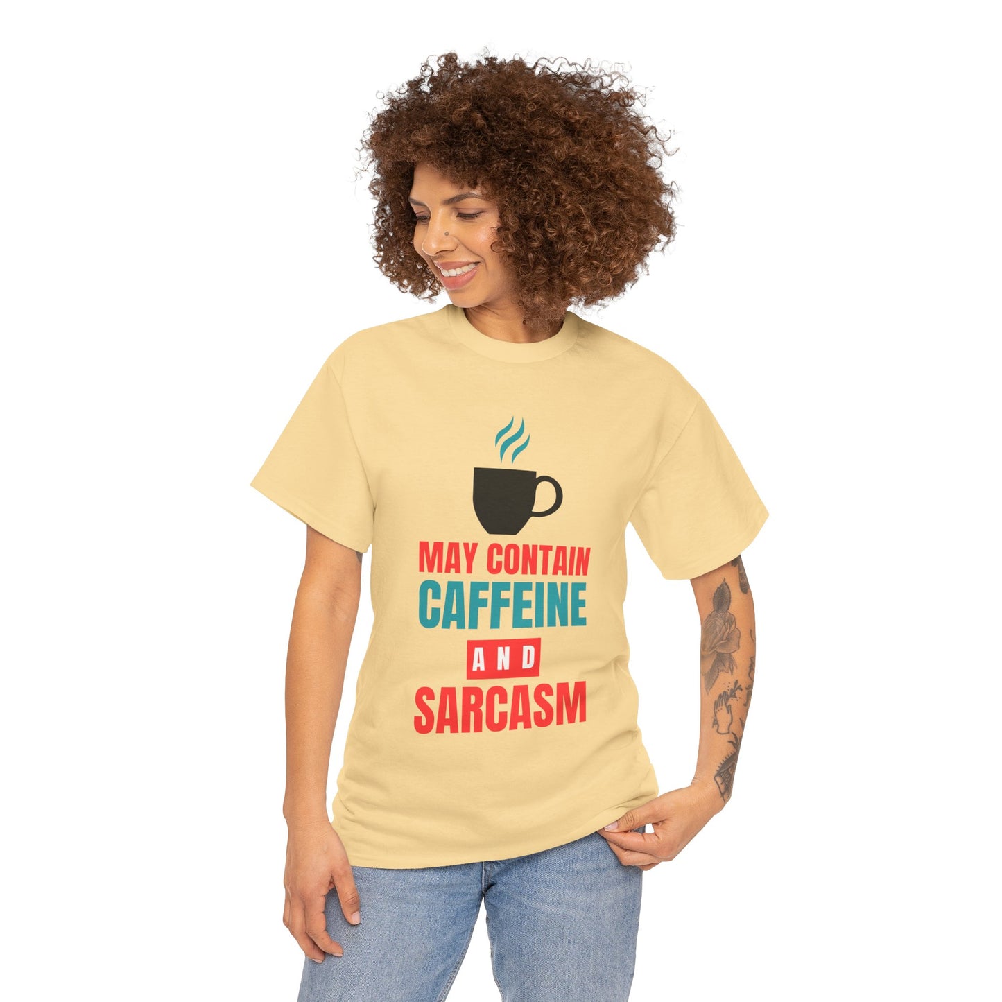 May Contain Caffeine and Sarcasm – Funny Tee by Elegant Deer T-shirt