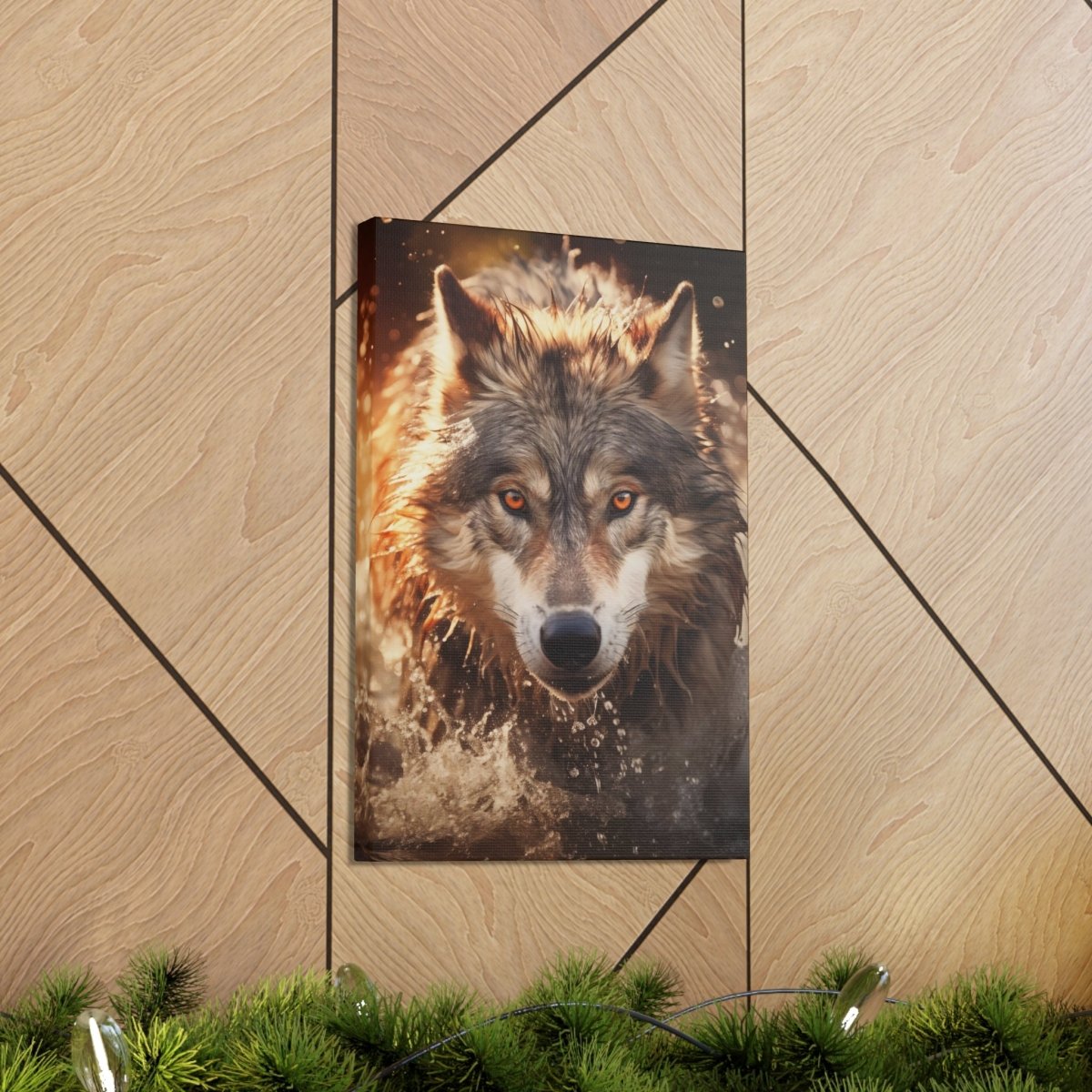 A wolf runs through the river at sunset Canvas Poster - Elegant Deer