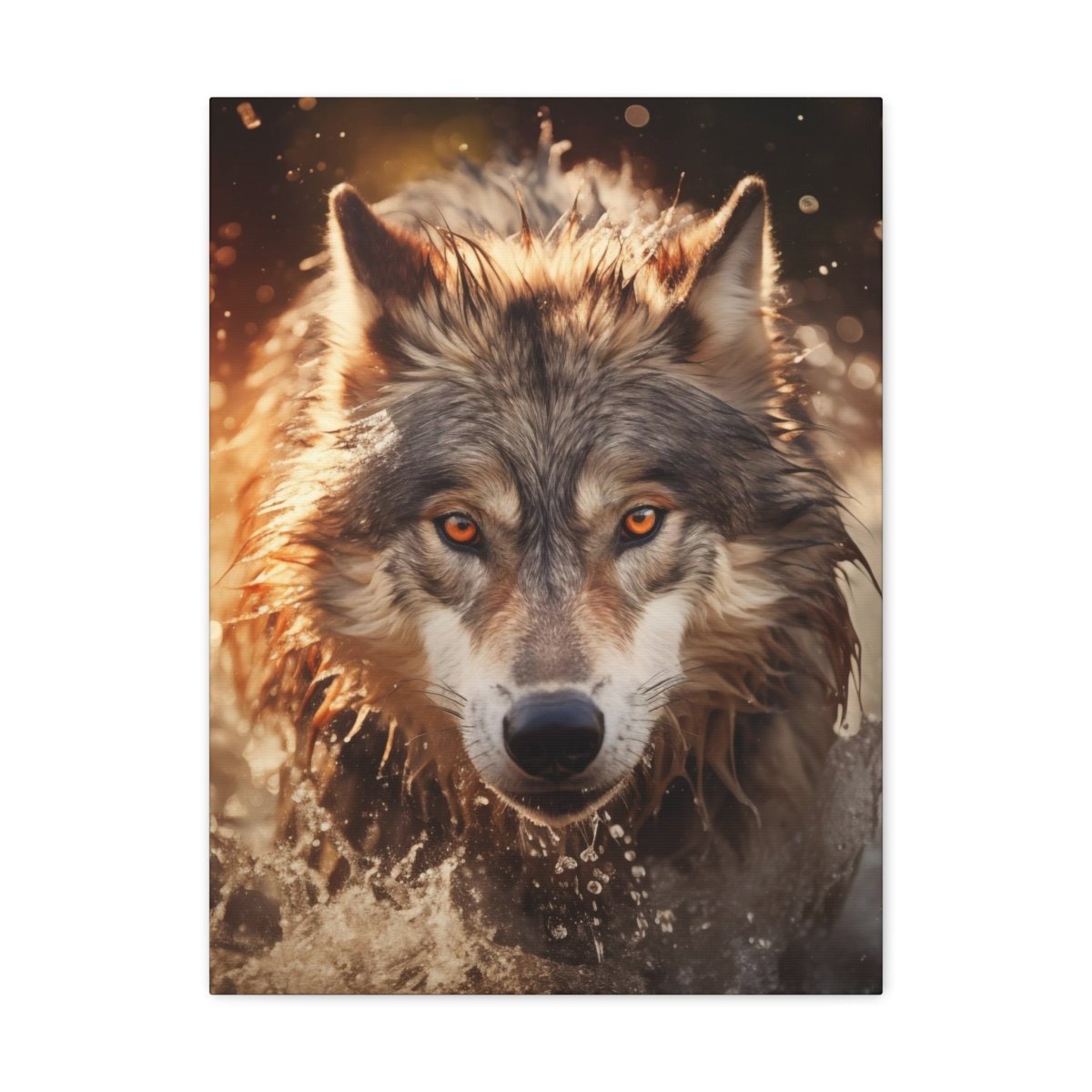 A wolf runs through the river at sunset Canvas Poster - Elegant Deer