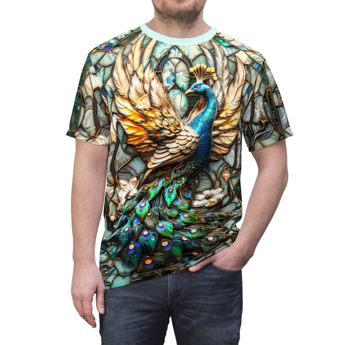 Art Nouveau Peacock Splendor T-Shirt (AOP) - Elegant Deer