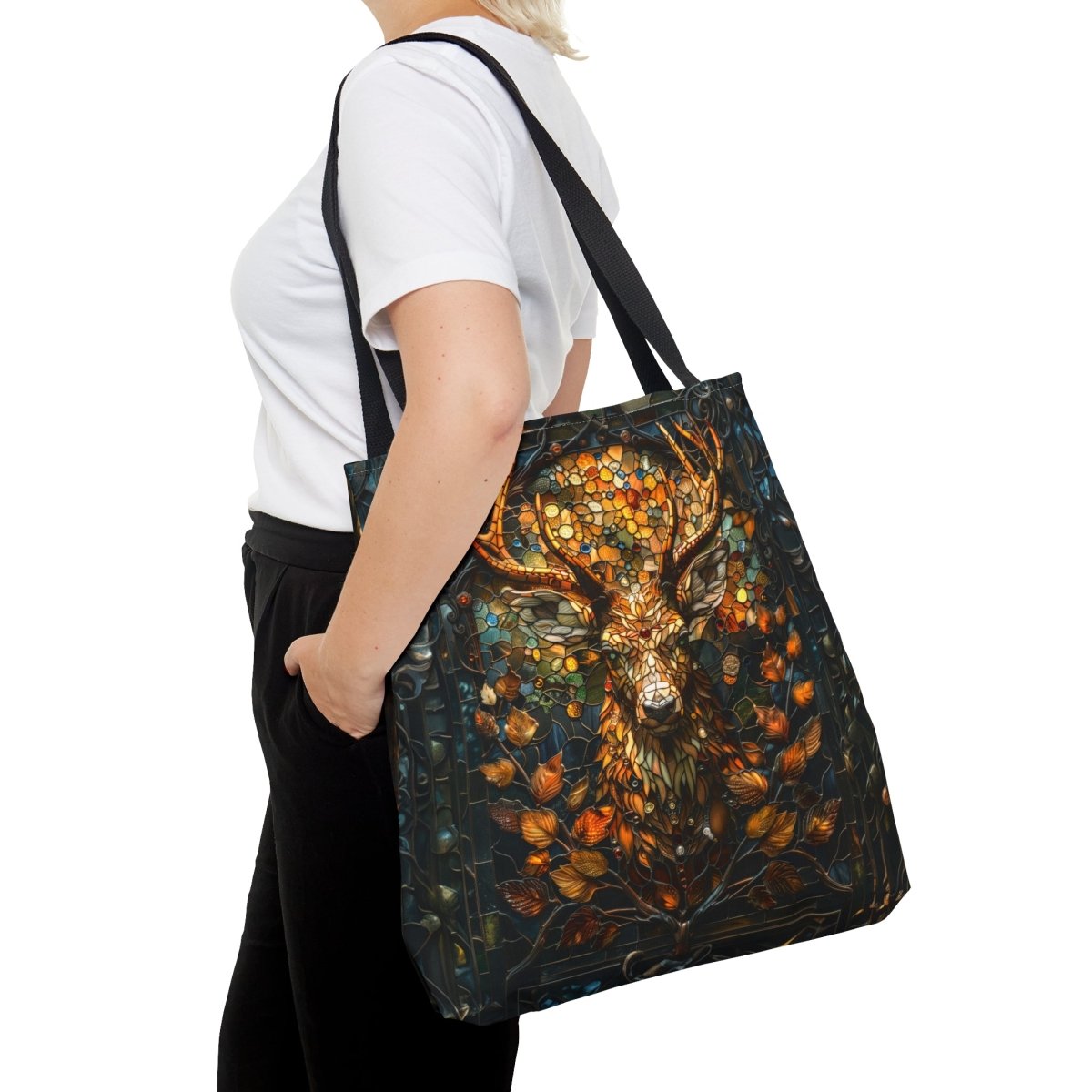 Autumn Majesty: Stained Glass Stag Tote Bag - Elegant Deer