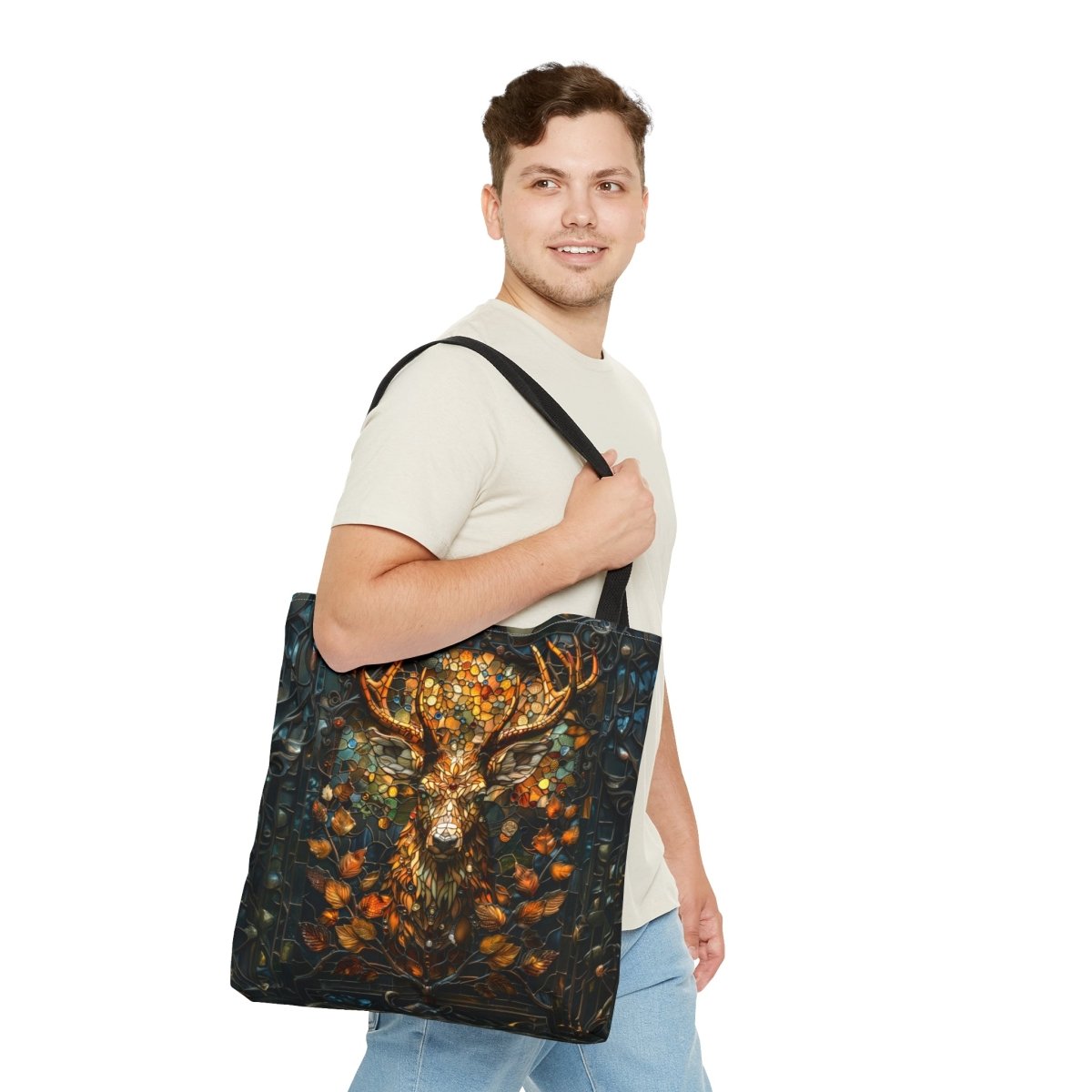 Autumn Majesty: Stained Glass Stag Tote Bag - Elegant Deer