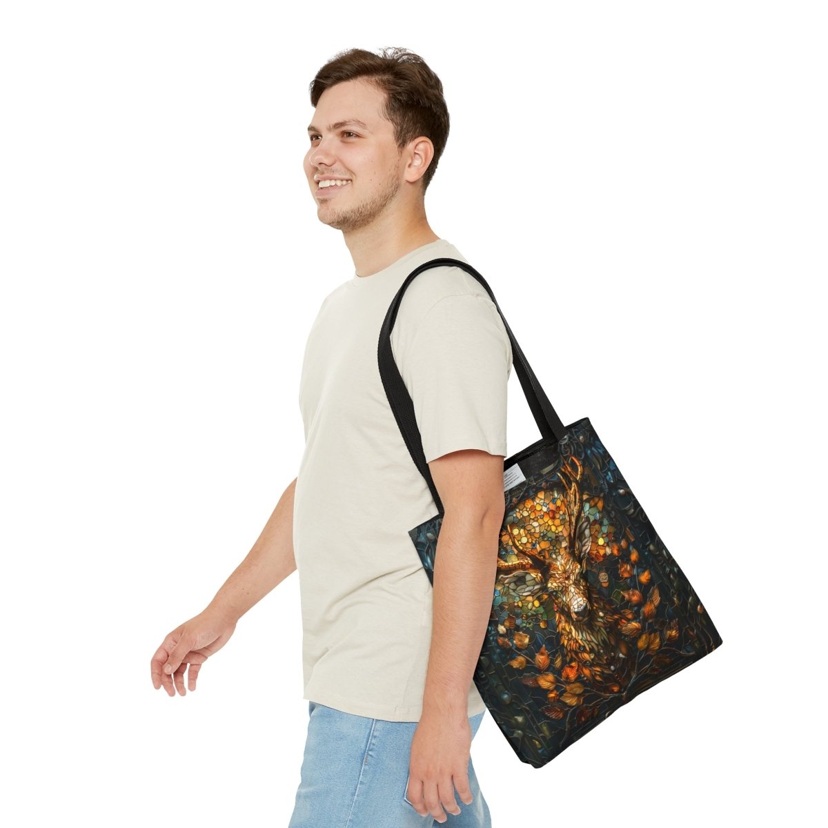 Autumn Majesty: Stained Glass Stag Tote Bag - Elegant Deer