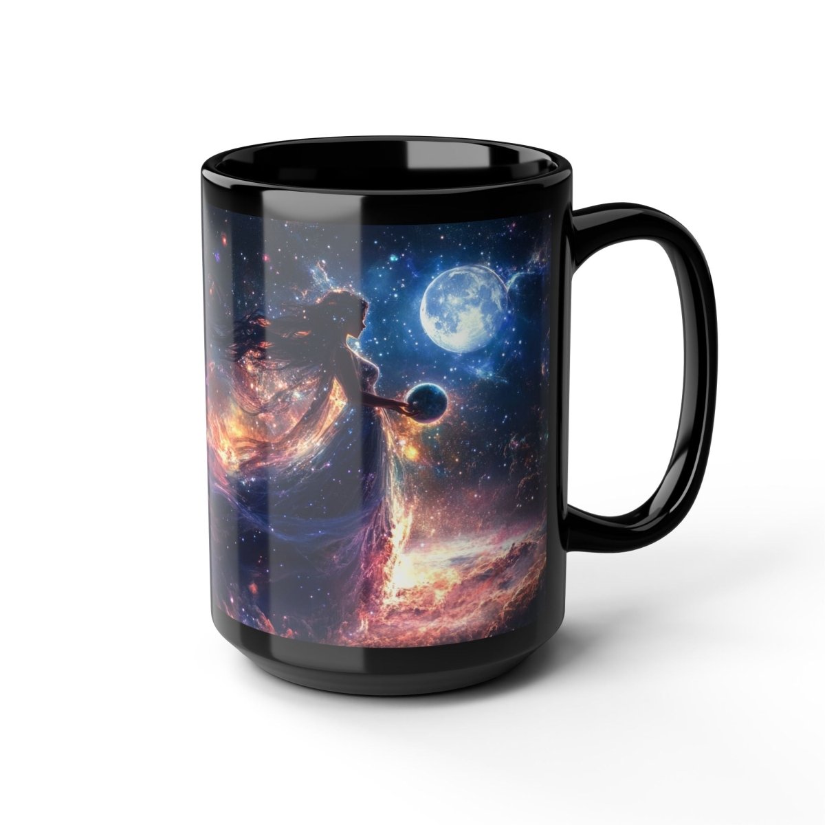 🌠 Celestial Goddess Black Mug – Cosmic Energy & Planets - Elegant Deer