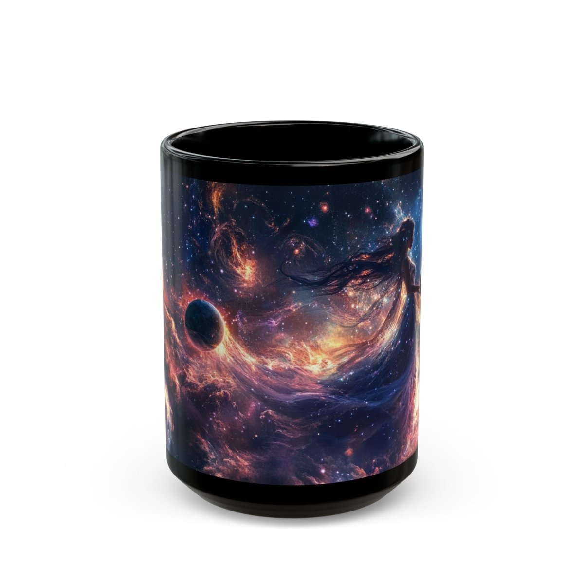 🌠 Celestial Goddess Black Mug – Cosmic Energy & Planets - Elegant Deer