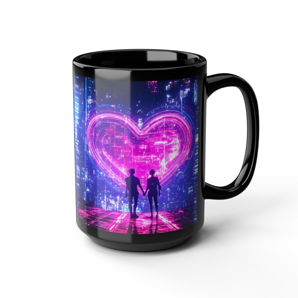 Cyberpunk Neon Love - Black 15oz Mug - Elegant Deer