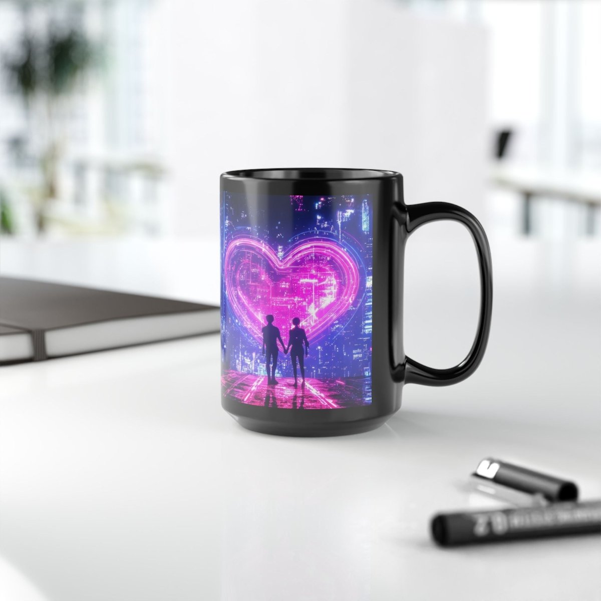 Cyberpunk Neon Love - Black 15oz Mug - Elegant Deer