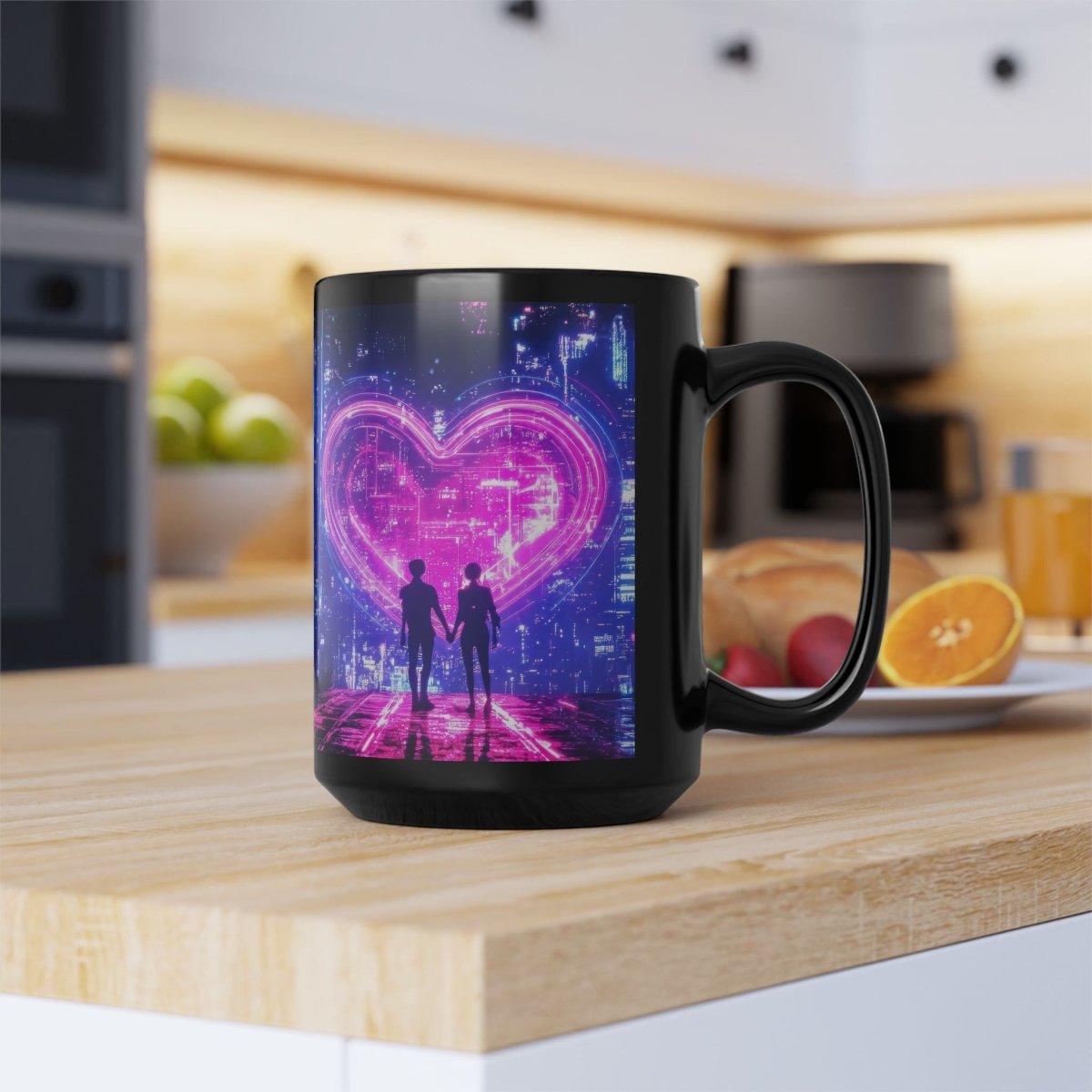 Cyberpunk Neon Love - Black 15oz Mug - Elegant Deer