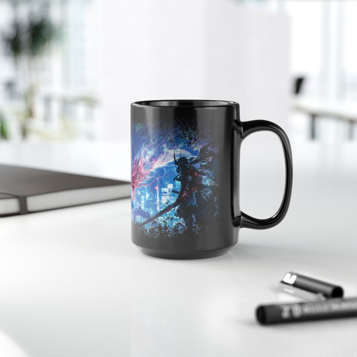 Cyberpunk Samurai & Neon Dragon Black Mug - Elegant Deer