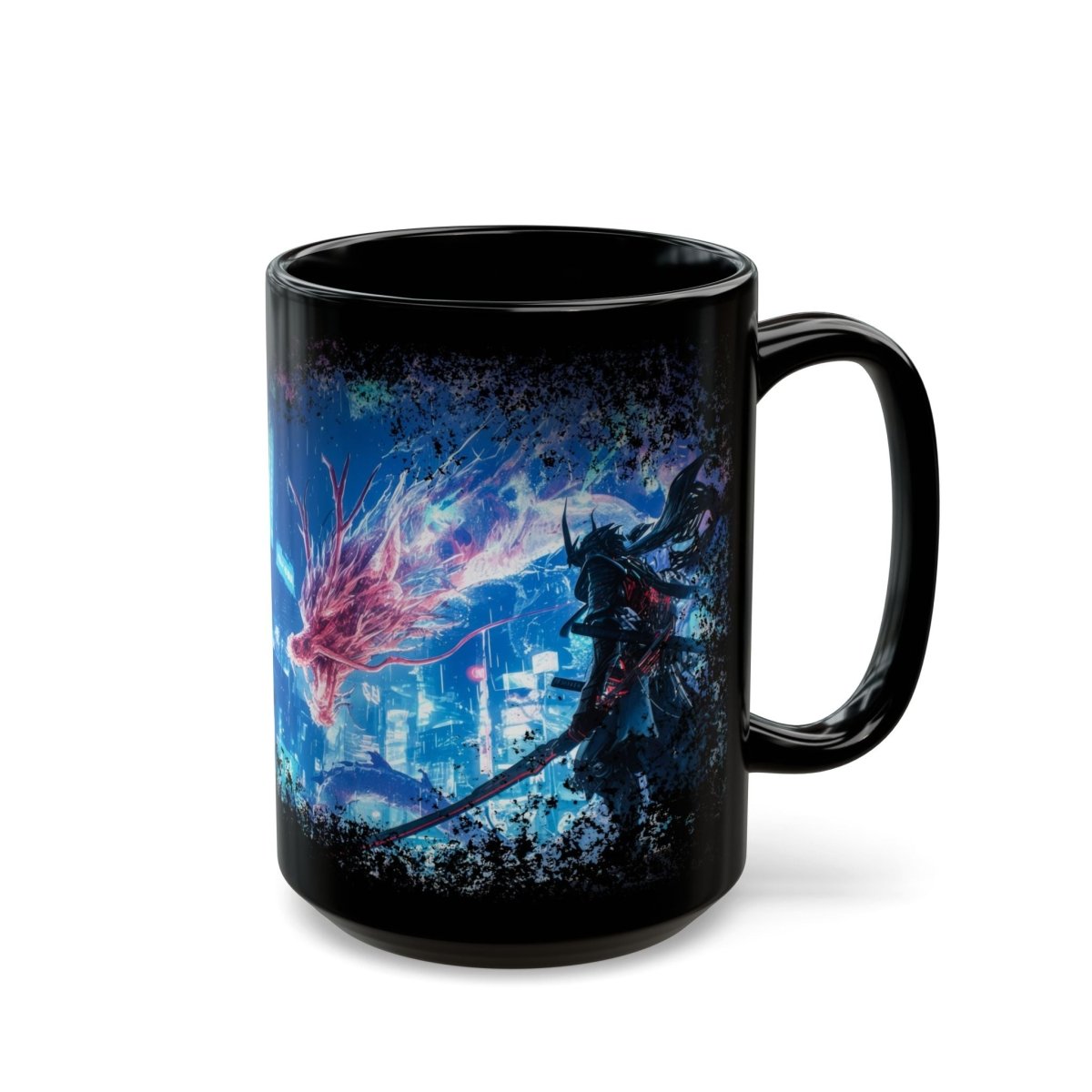 Cyberpunk Samurai & Neon Dragon Black Mug - Elegant Deer
