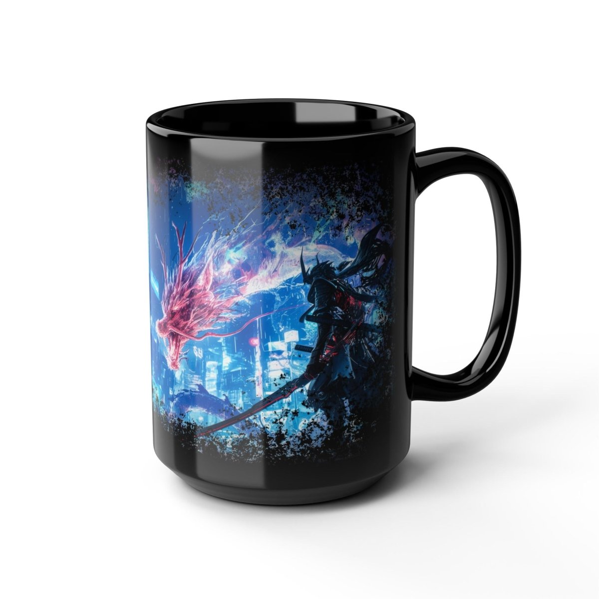 Cyberpunk Samurai & Neon Dragon Black Mug - Elegant Deer
