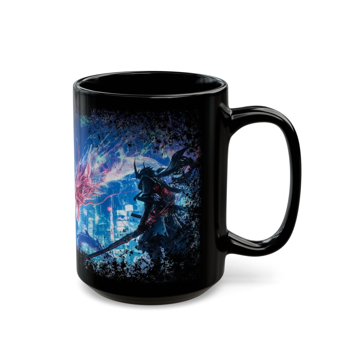 Cyberpunk Samurai & Neon Dragon Black Mug - Elegant Deer