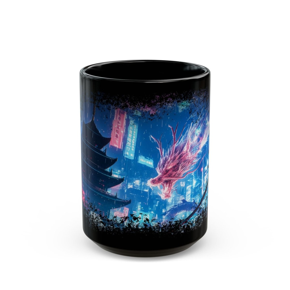 Cyberpunk Samurai & Neon Dragon Black Mug - Elegant Deer