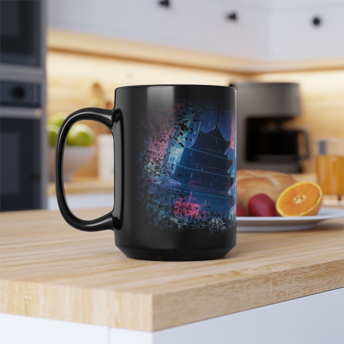 Cyberpunk Samurai & Neon Dragon Black Mug - Elegant Deer