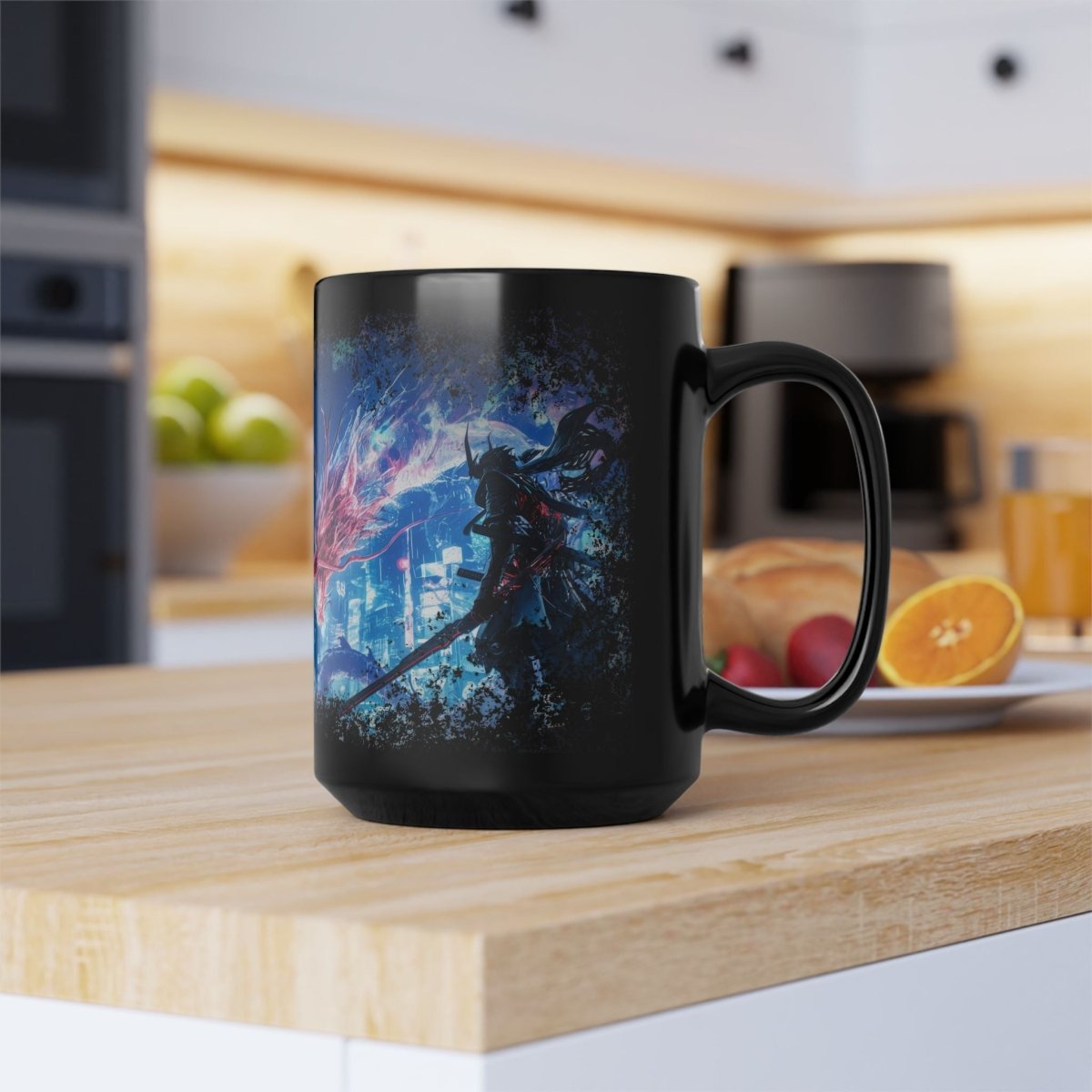 Cyberpunk Samurai & Neon Dragon Black Mug - Elegant Deer