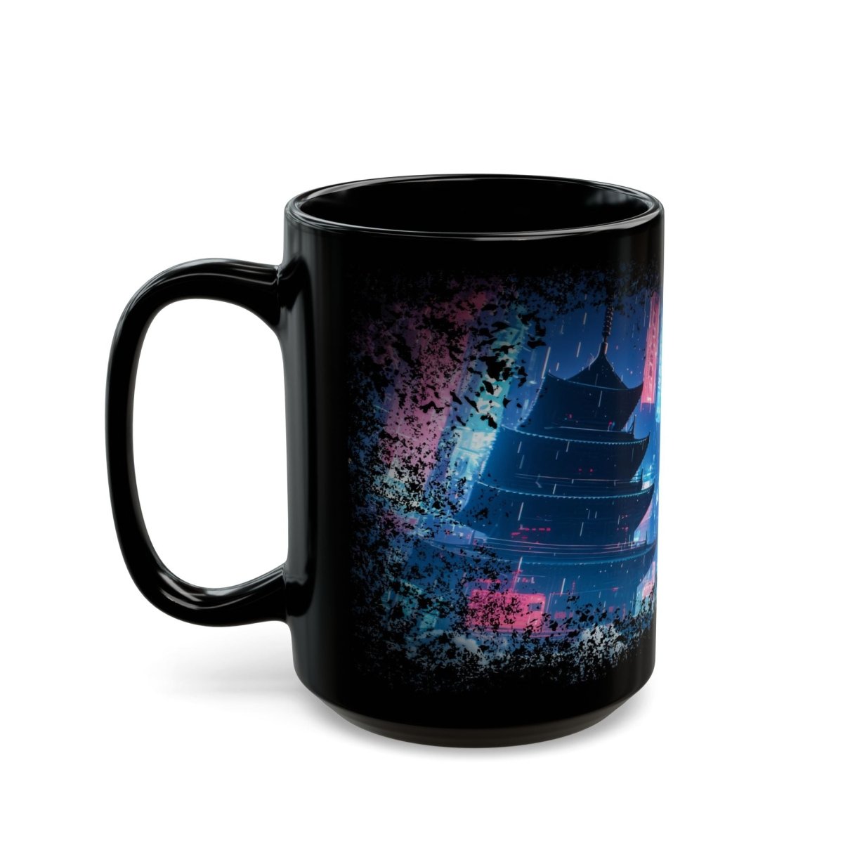 Cyberpunk Samurai & Neon Dragon Black Mug - Elegant Deer