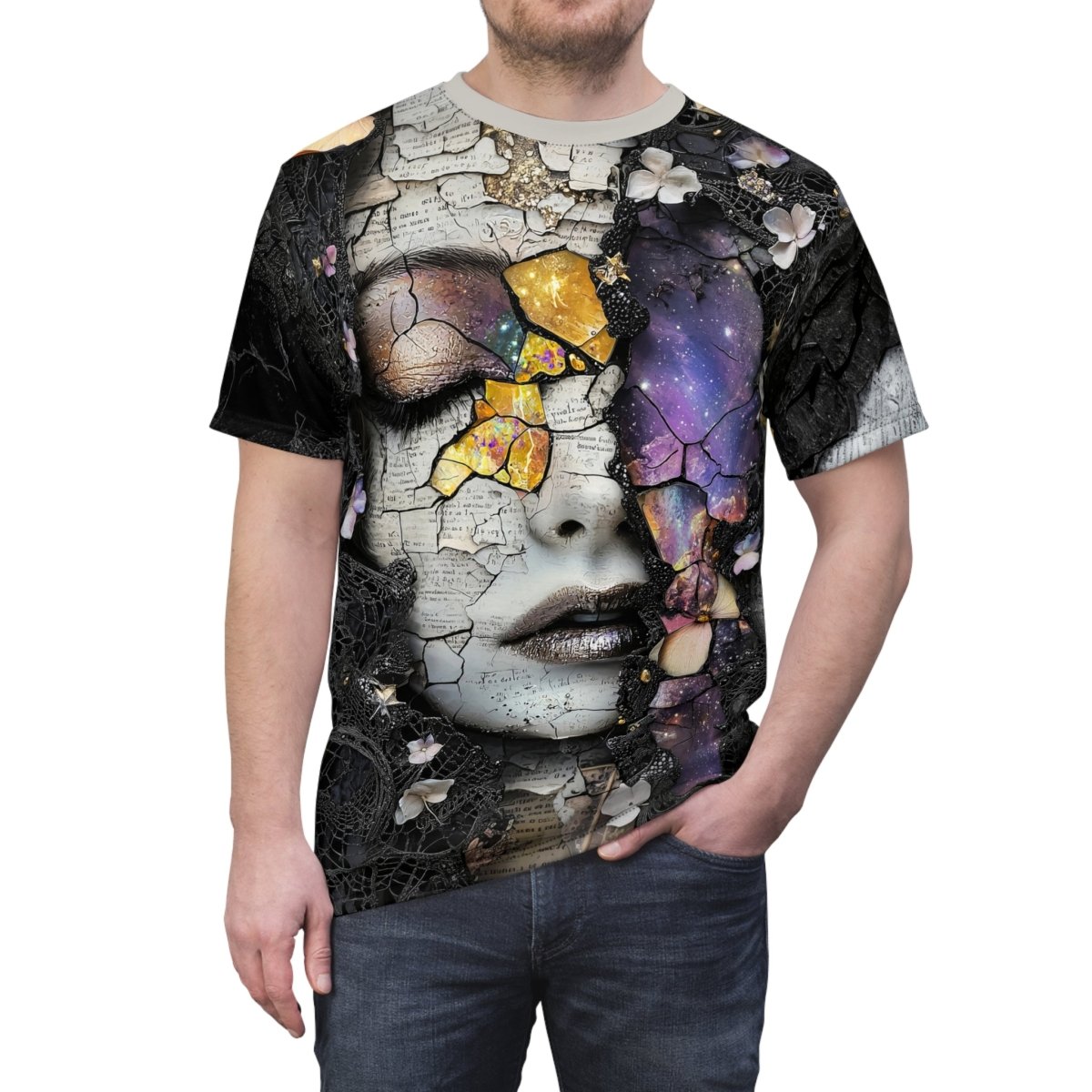 Ethereal Fracture: Dual - Sided Cosmic Art T-Shirt (AOP) - Elegant Deer
