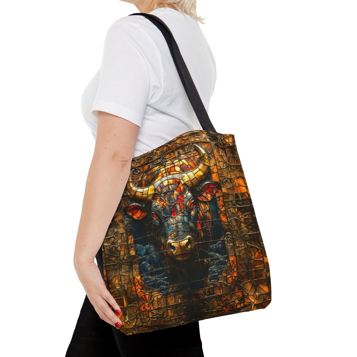 Fierce Strength: Stained Glass Bull Tote Bag - Elegant Deer