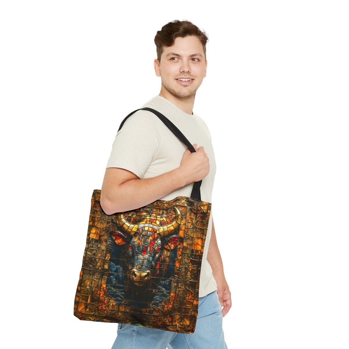 Fierce Strength: Stained Glass Bull Tote Bag - Elegant Deer