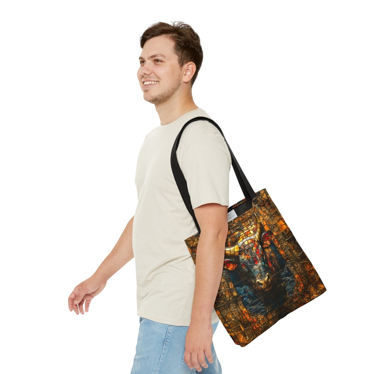 Fierce Strength: Stained Glass Bull Tote Bag - Elegant Deer