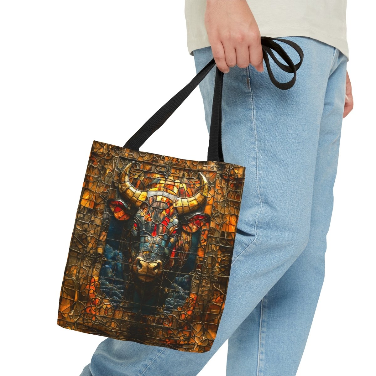 Fierce Strength: Stained Glass Bull Tote Bag - Elegant Deer