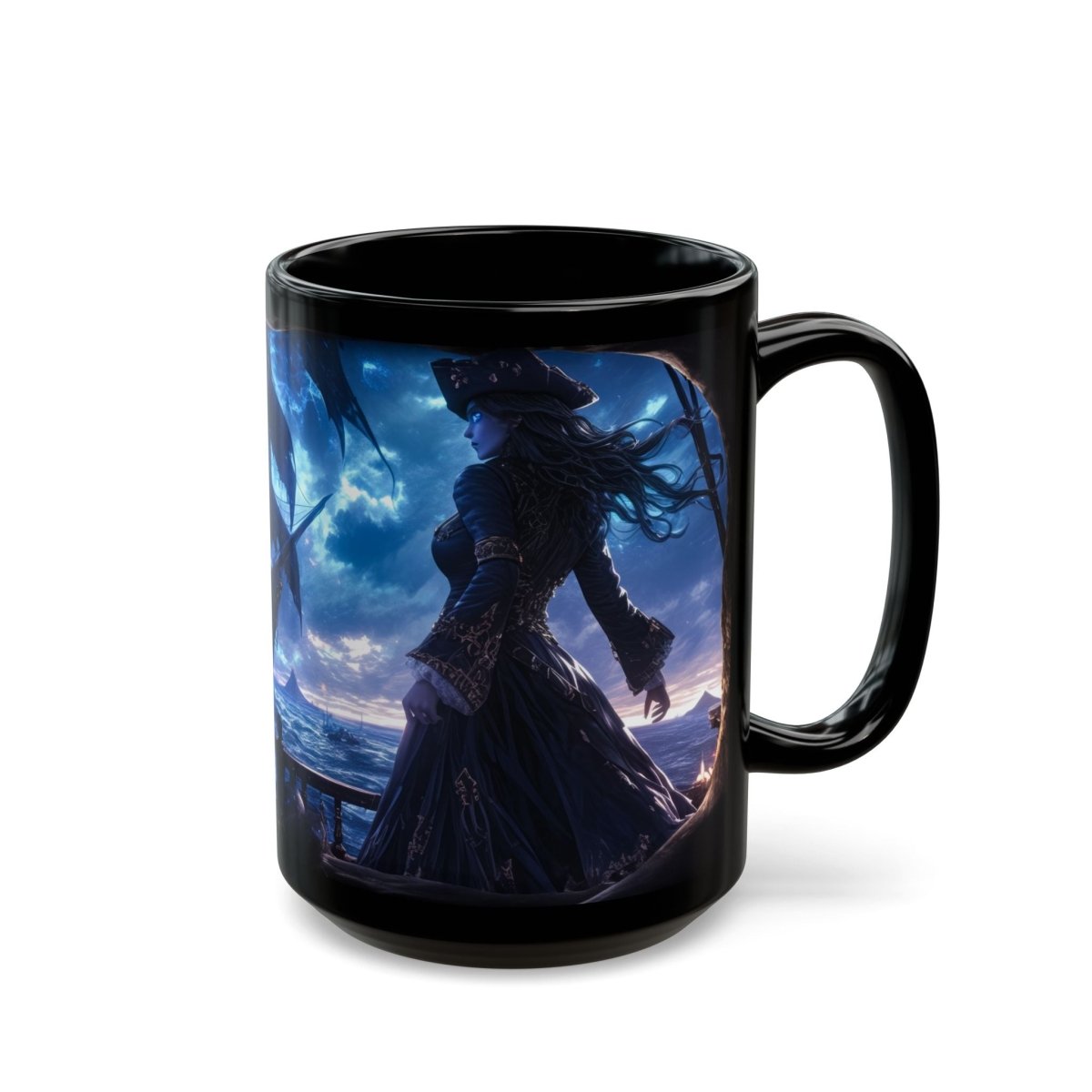 ☠️ Ghostly Pirate Queen Black Mug – Haunted Ship Captain - Elegant Deer