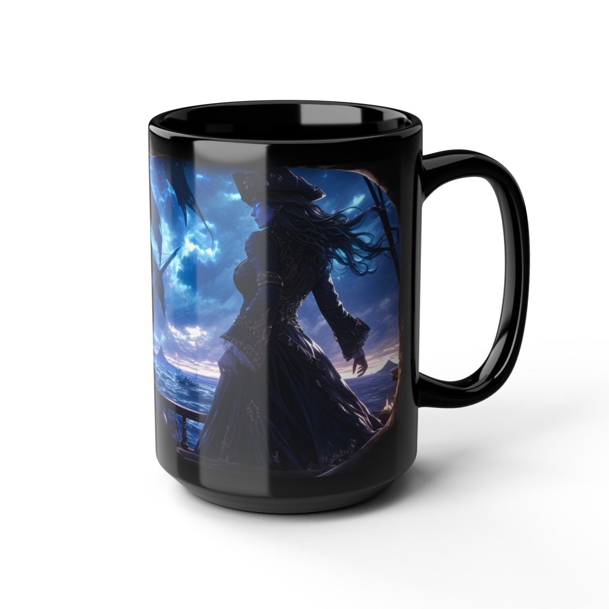 ☠️ Ghostly Pirate Queen Black Mug – Haunted Ship Captain - Elegant Deer
