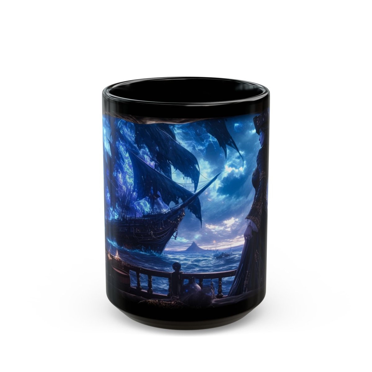☠️ Ghostly Pirate Queen Black Mug – Haunted Ship Captain - Elegant Deer