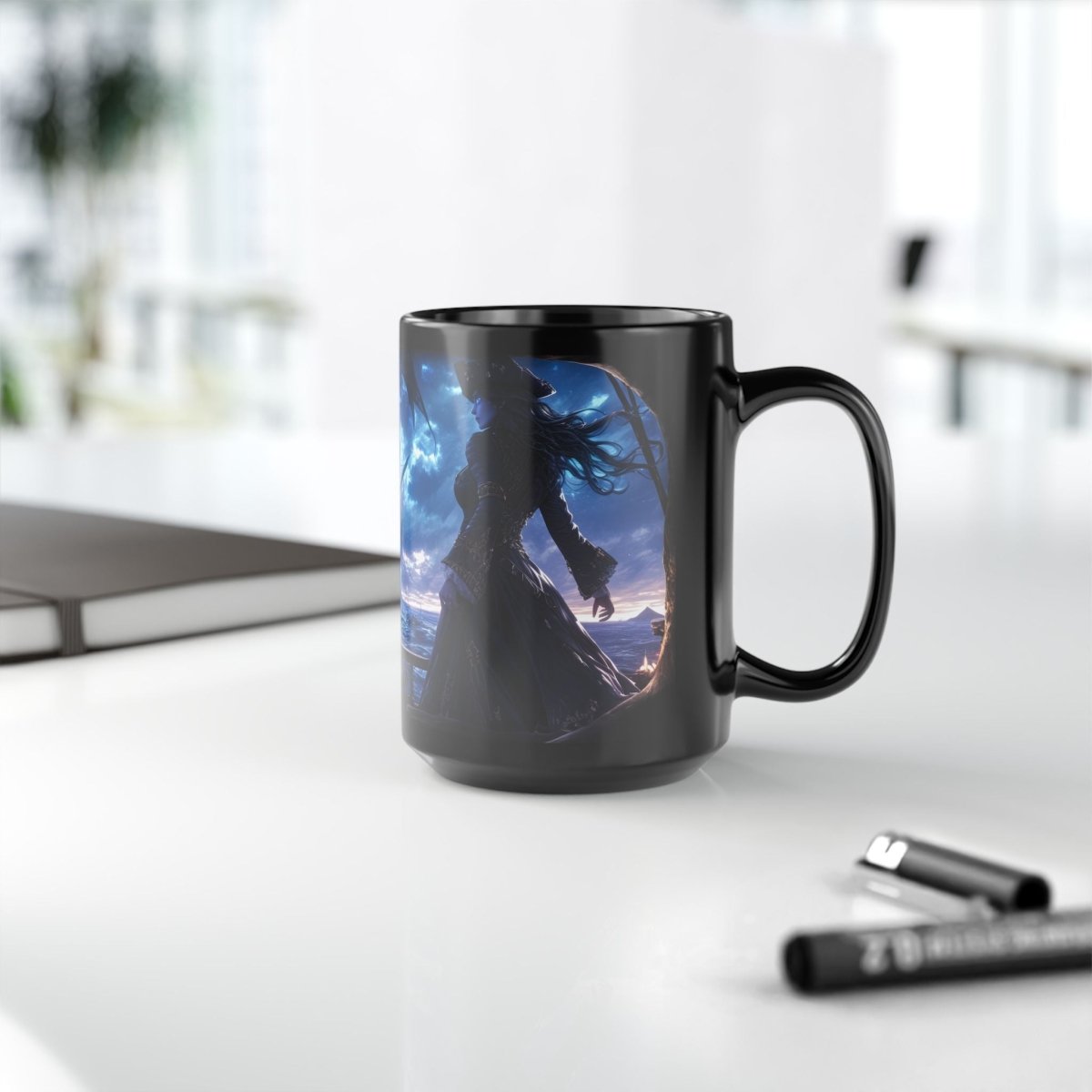 ☠️ Ghostly Pirate Queen Black Mug – Haunted Ship Captain - Elegant Deer