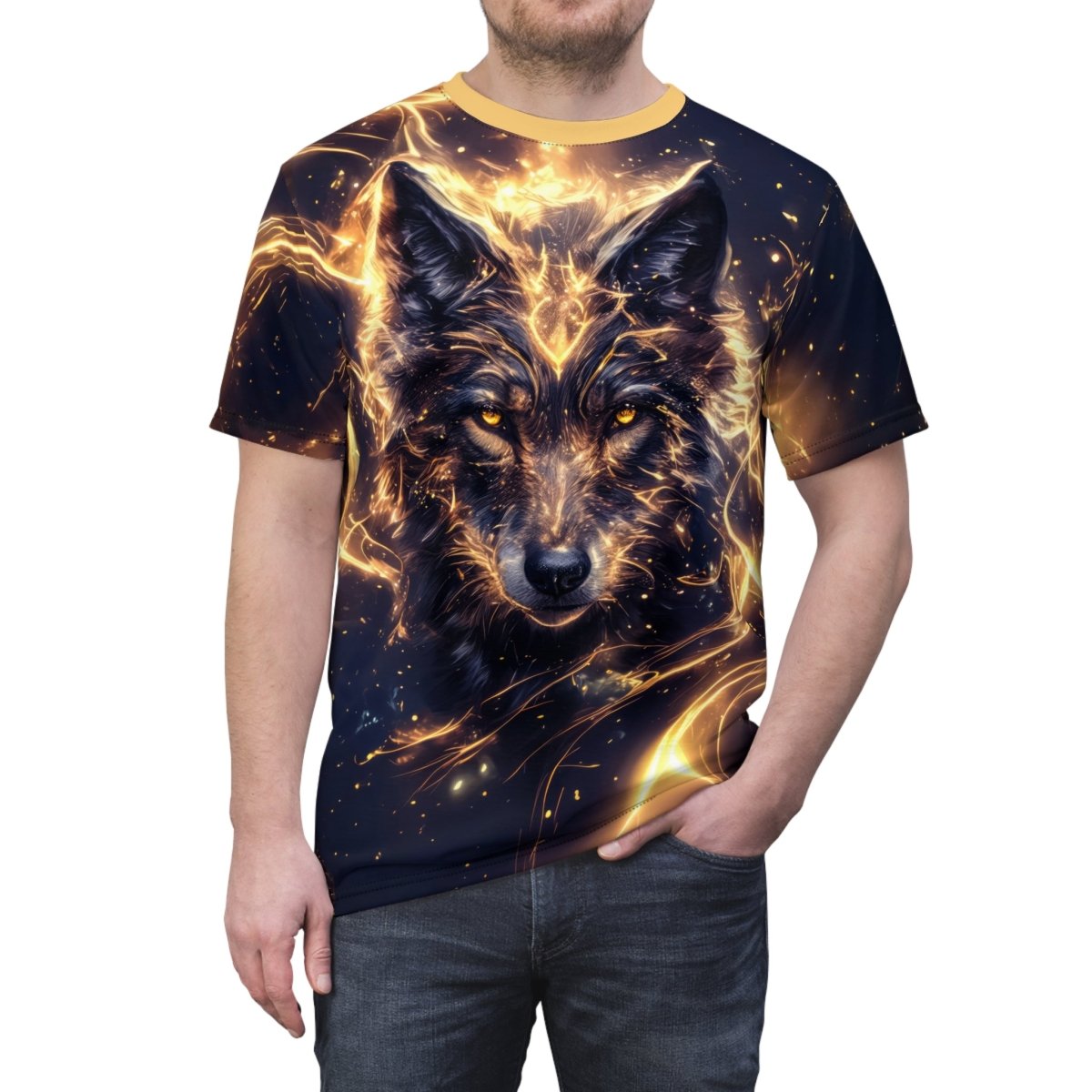 Golden Spirit: Celestial Wolf AOP T-Shirt - Elegant Deer