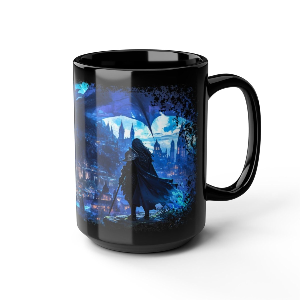 Legendary Dragon & Dark Warrior Black Mug – Epic Fantasy Art 15oz - Elegant Deer