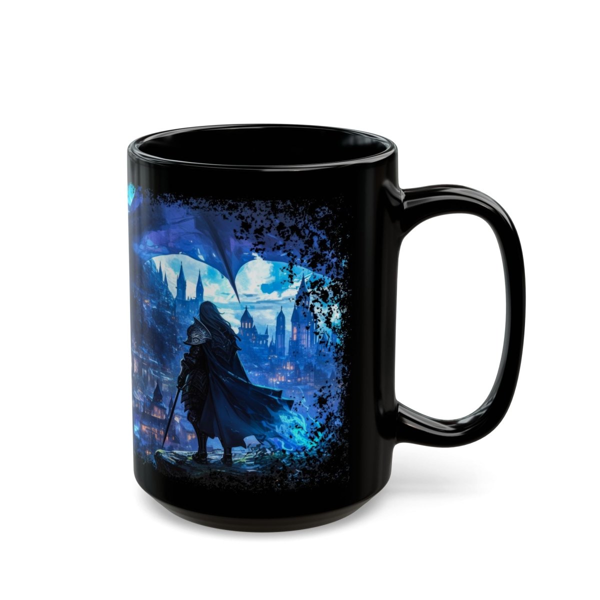 Legendary Dragon & Dark Warrior Black Mug – Epic Fantasy Art 15oz - Elegant Deer