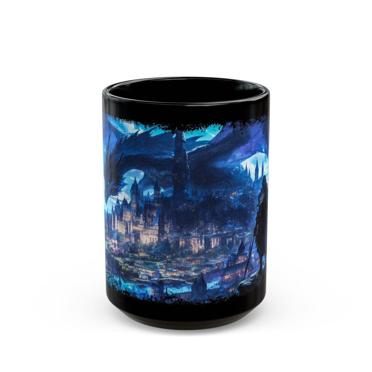 Legendary Dragon & Dark Warrior Black Mug – Epic Fantasy Art 15oz - Elegant Deer