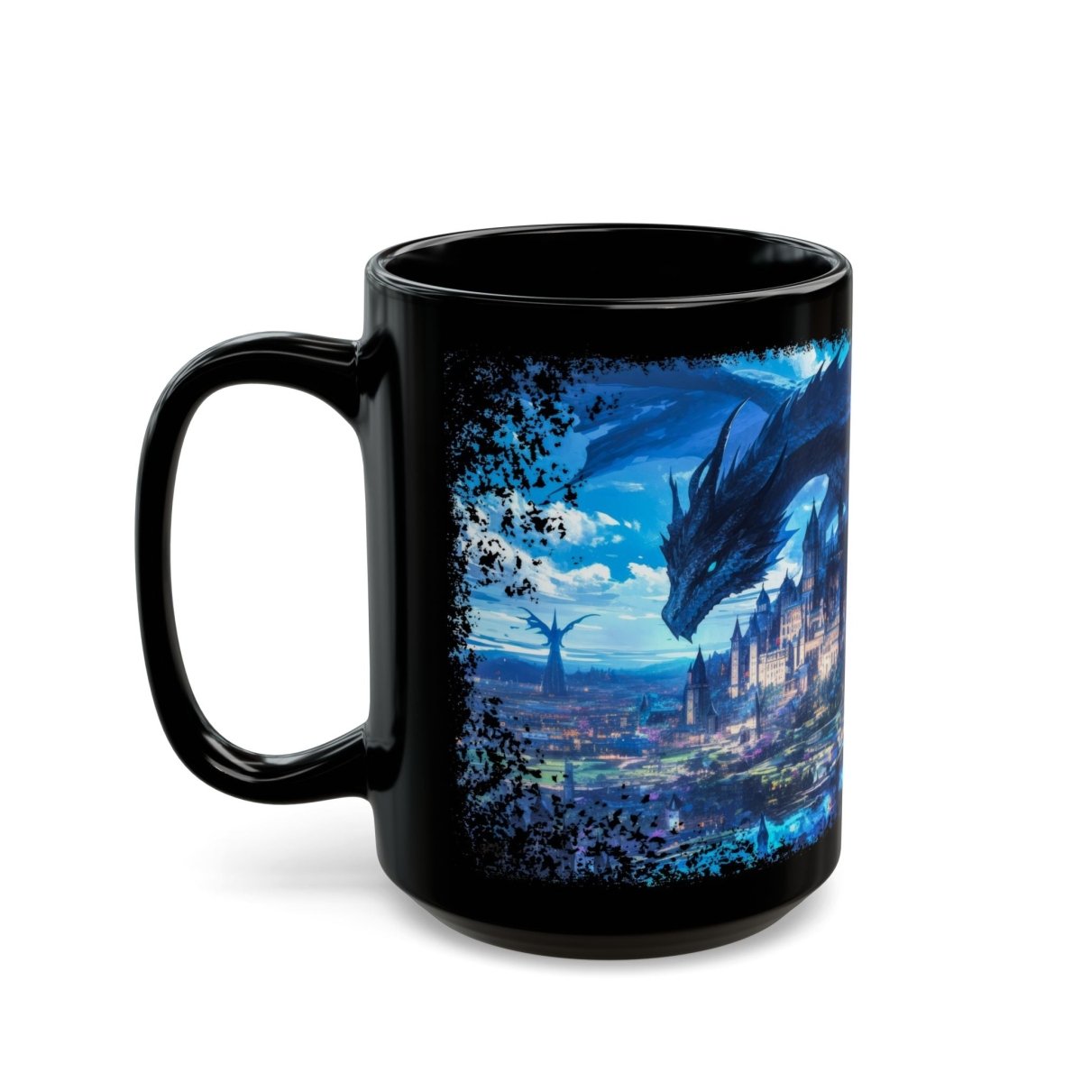 Legendary Dragon & Dark Warrior Black Mug – Epic Fantasy Art 15oz - Elegant Deer