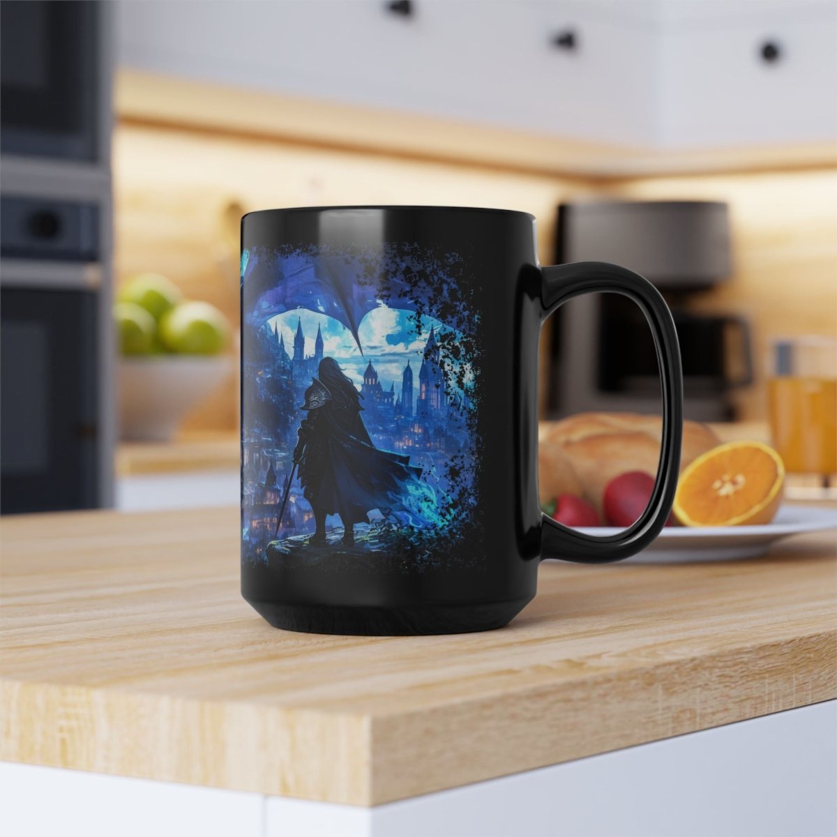 Legendary Dragon & Dark Warrior Black Mug – Epic Fantasy Art 15oz - Elegant Deer