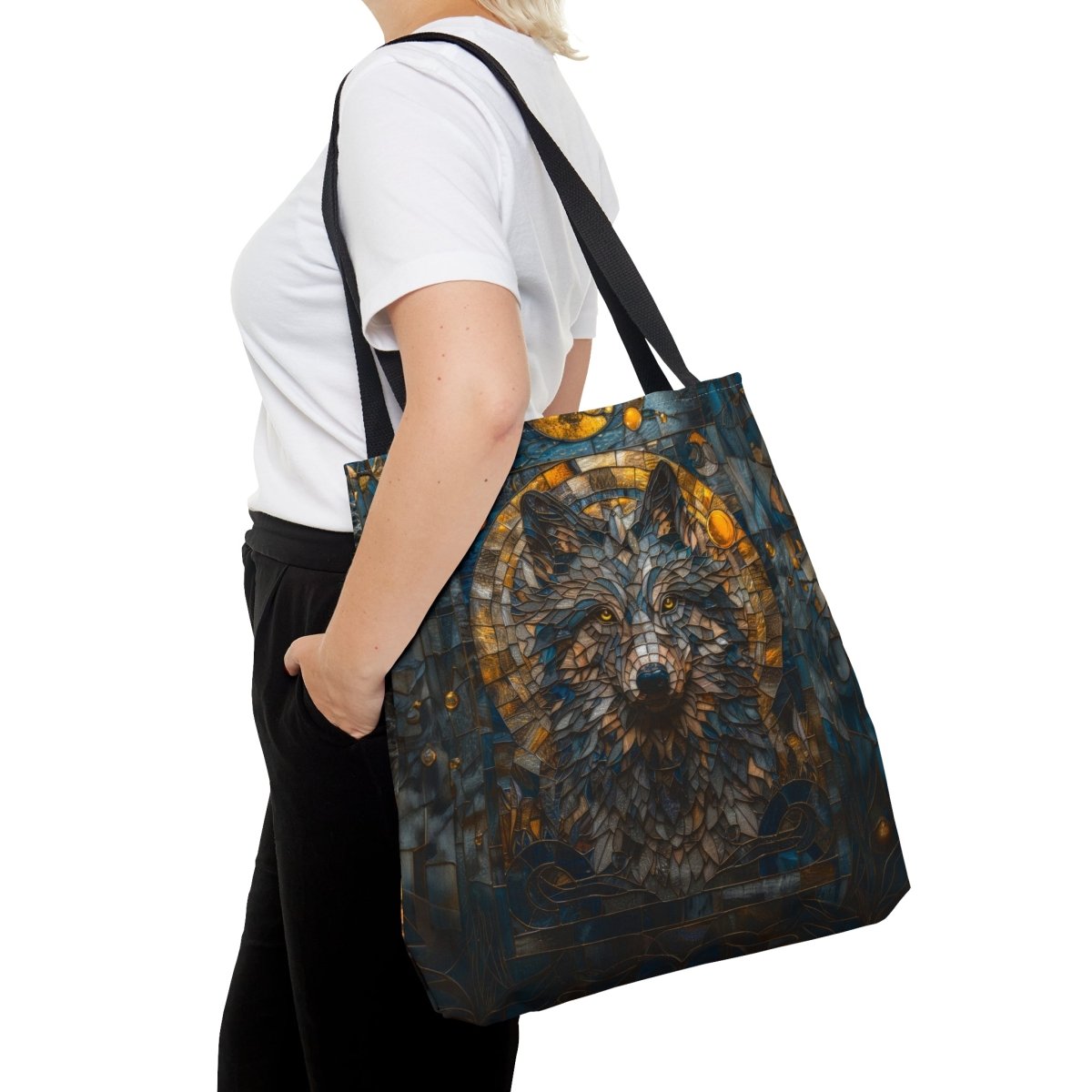 Lunar Guardian: Stained Glass Wolf Tote Bag - Elegant Deer