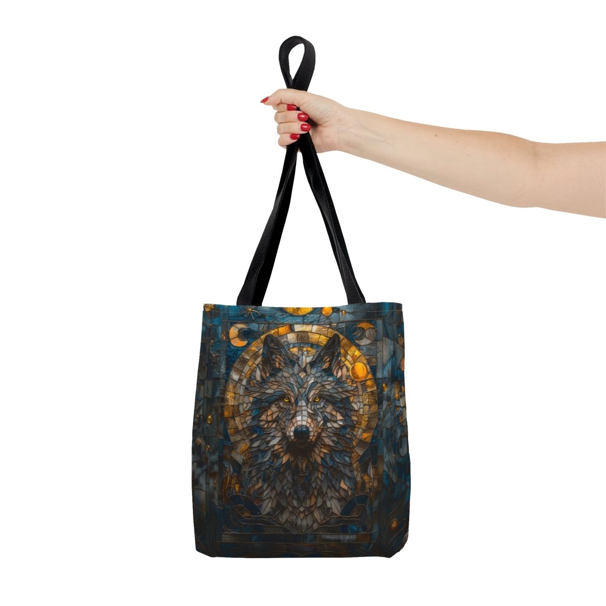 Lunar Guardian: Stained Glass Wolf Tote Bag - Elegant Deer