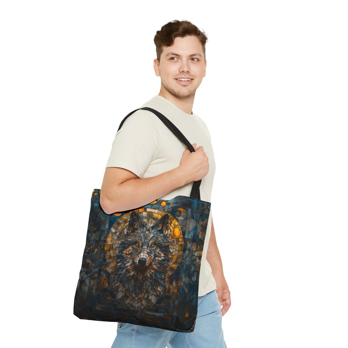 Lunar Guardian: Stained Glass Wolf Tote Bag - Elegant Deer