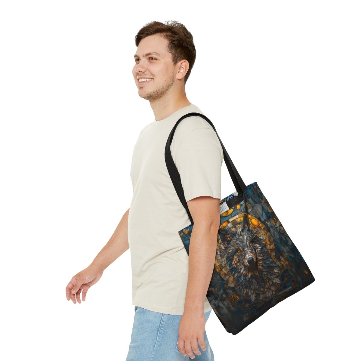Lunar Guardian: Stained Glass Wolf Tote Bag - Elegant Deer