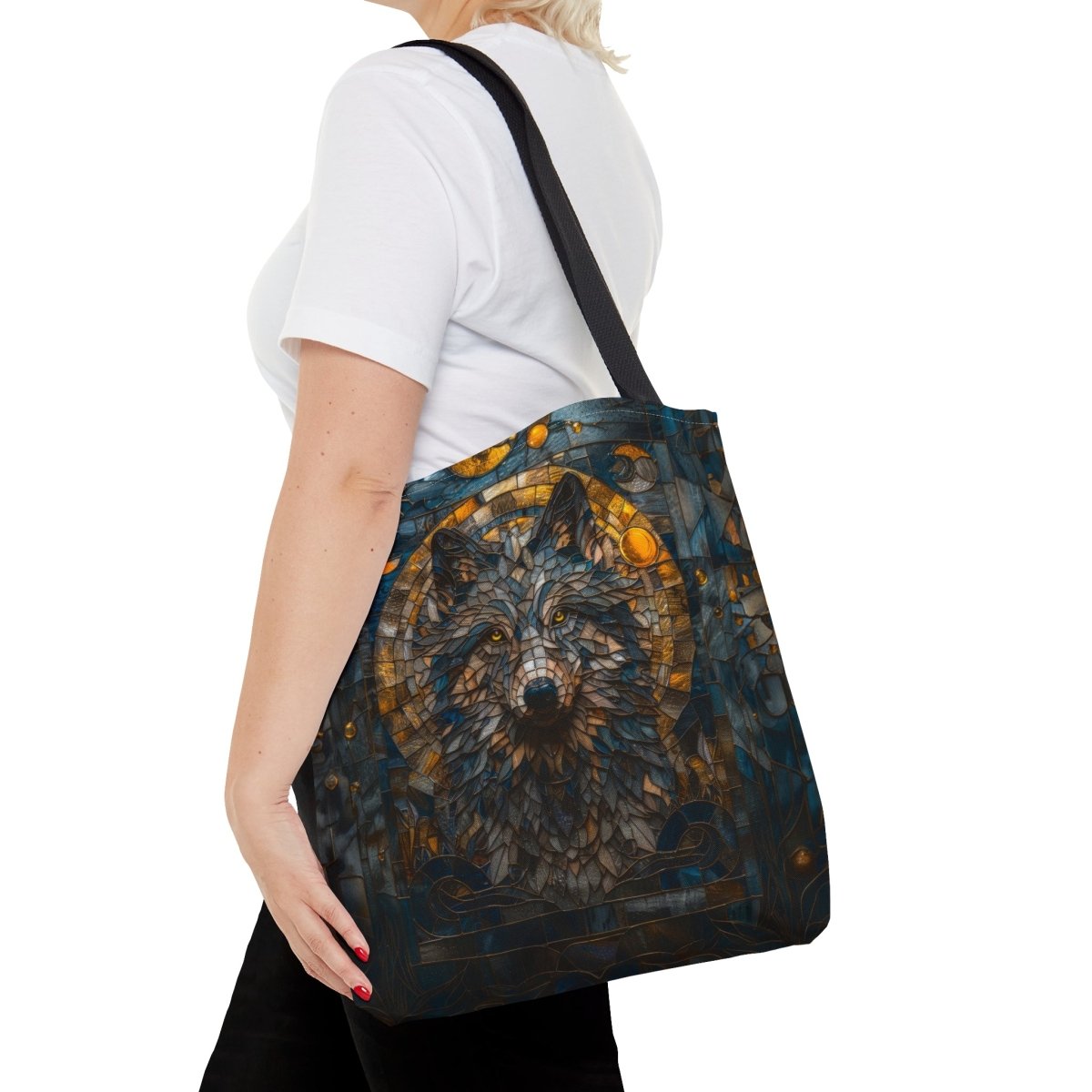 Lunar Guardian: Stained Glass Wolf Tote Bag - Elegant Deer