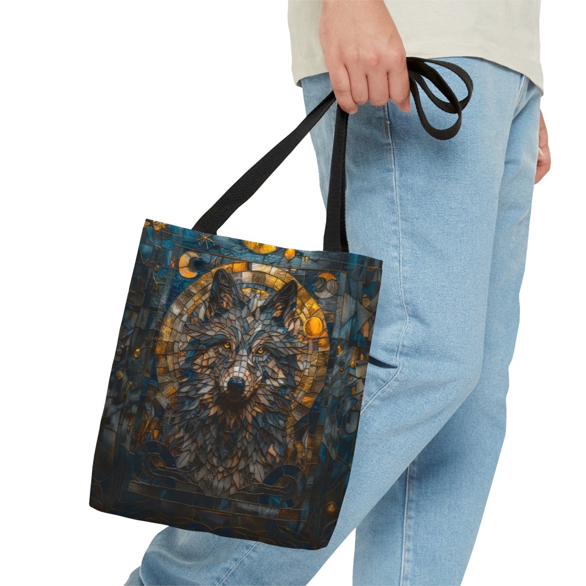 Lunar Guardian: Stained Glass Wolf Tote Bag - Elegant Deer