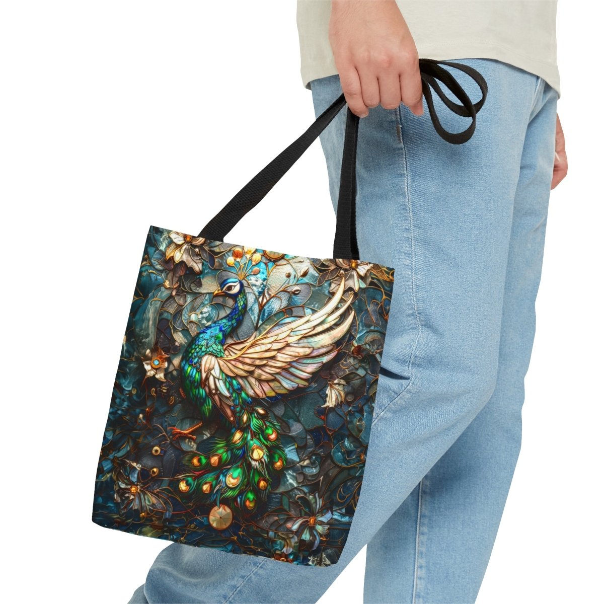 Majestic Harmony: Stained Glass Peacock Tote Bag - Elegant Deer