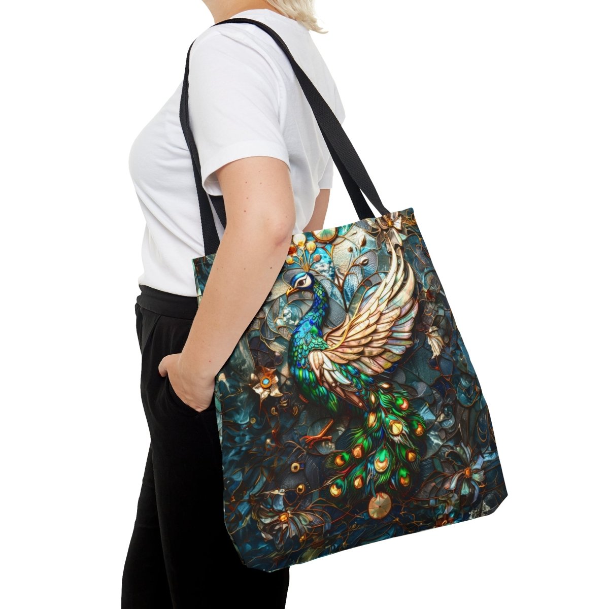 Majestic Harmony: Stained Glass Peacock Tote Bag - Elegant Deer