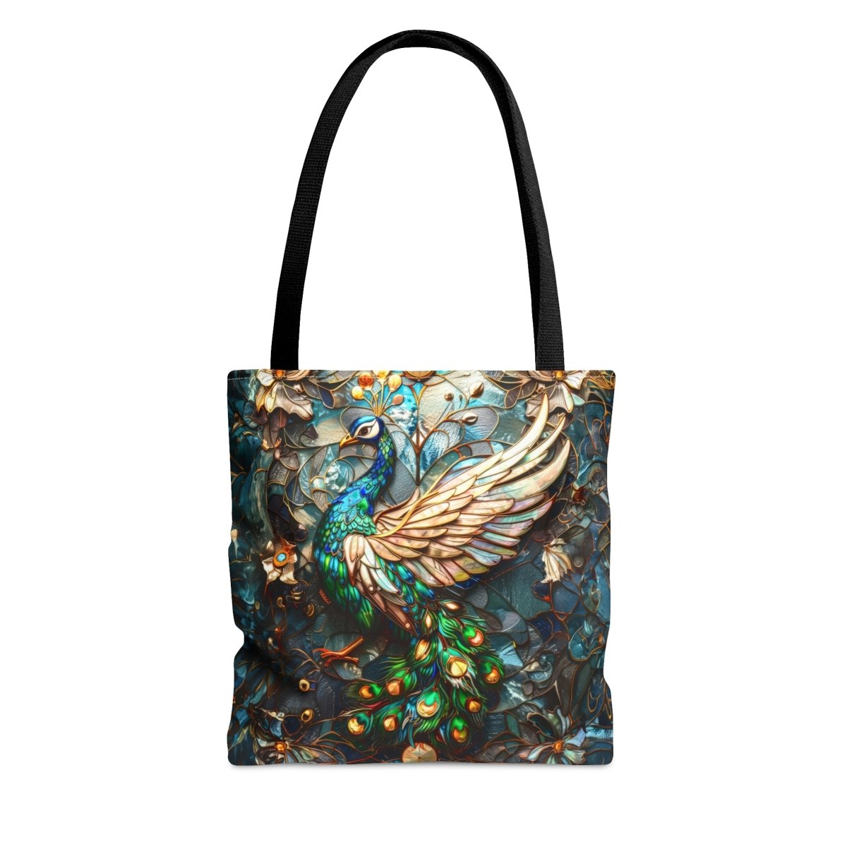 Majestic Harmony: Stained Glass Peacock Tote Bag - Elegant Deer