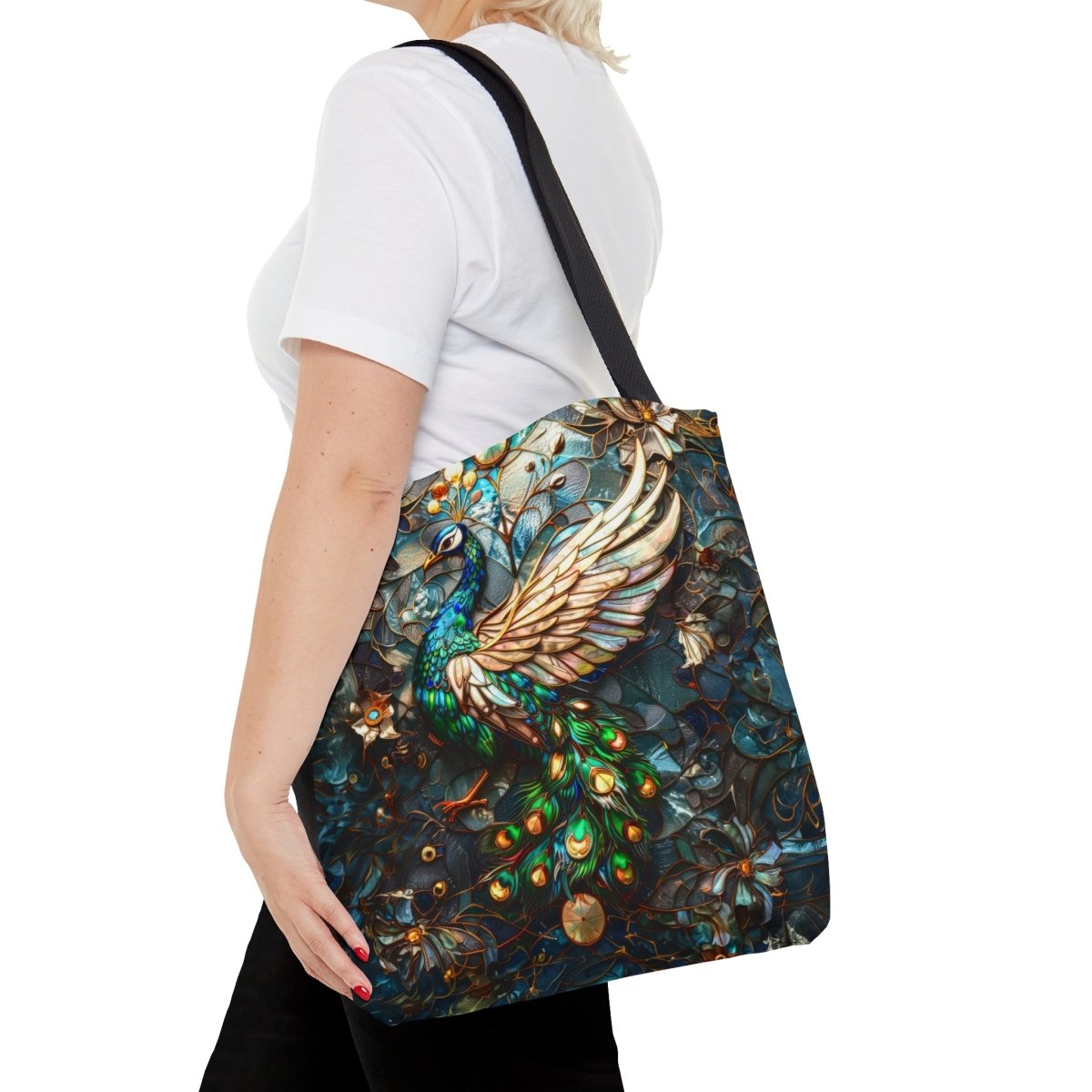 Majestic Harmony: Stained Glass Peacock Tote Bag - Elegant Deer