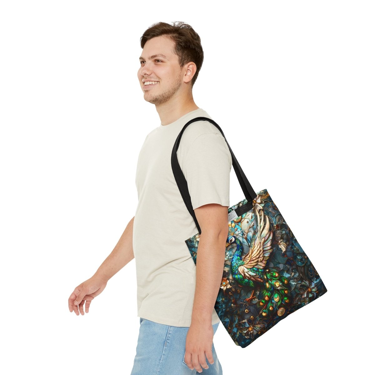 Majestic Harmony: Stained Glass Peacock Tote Bag - Elegant Deer