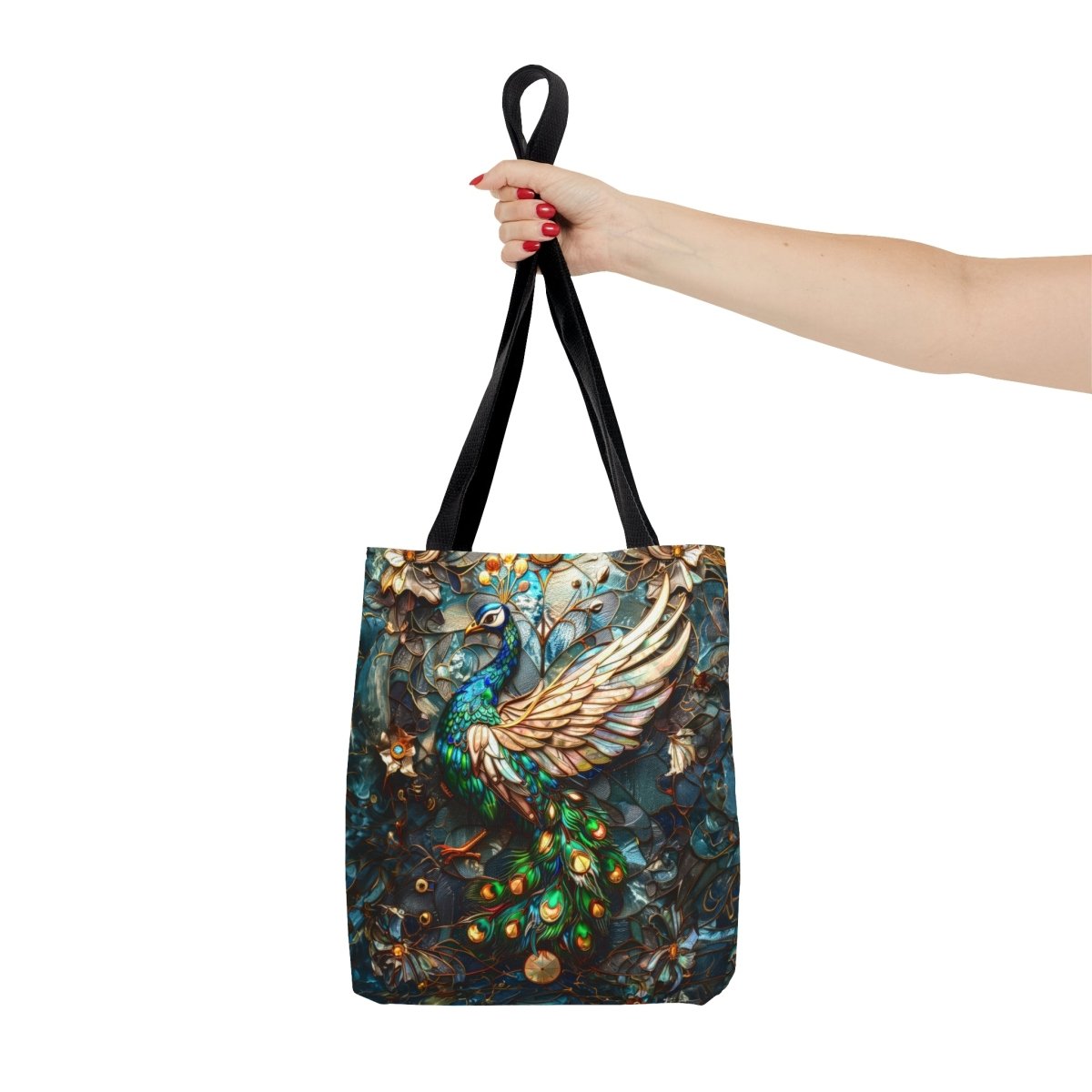 Majestic Harmony: Stained Glass Peacock Tote Bag - Elegant Deer