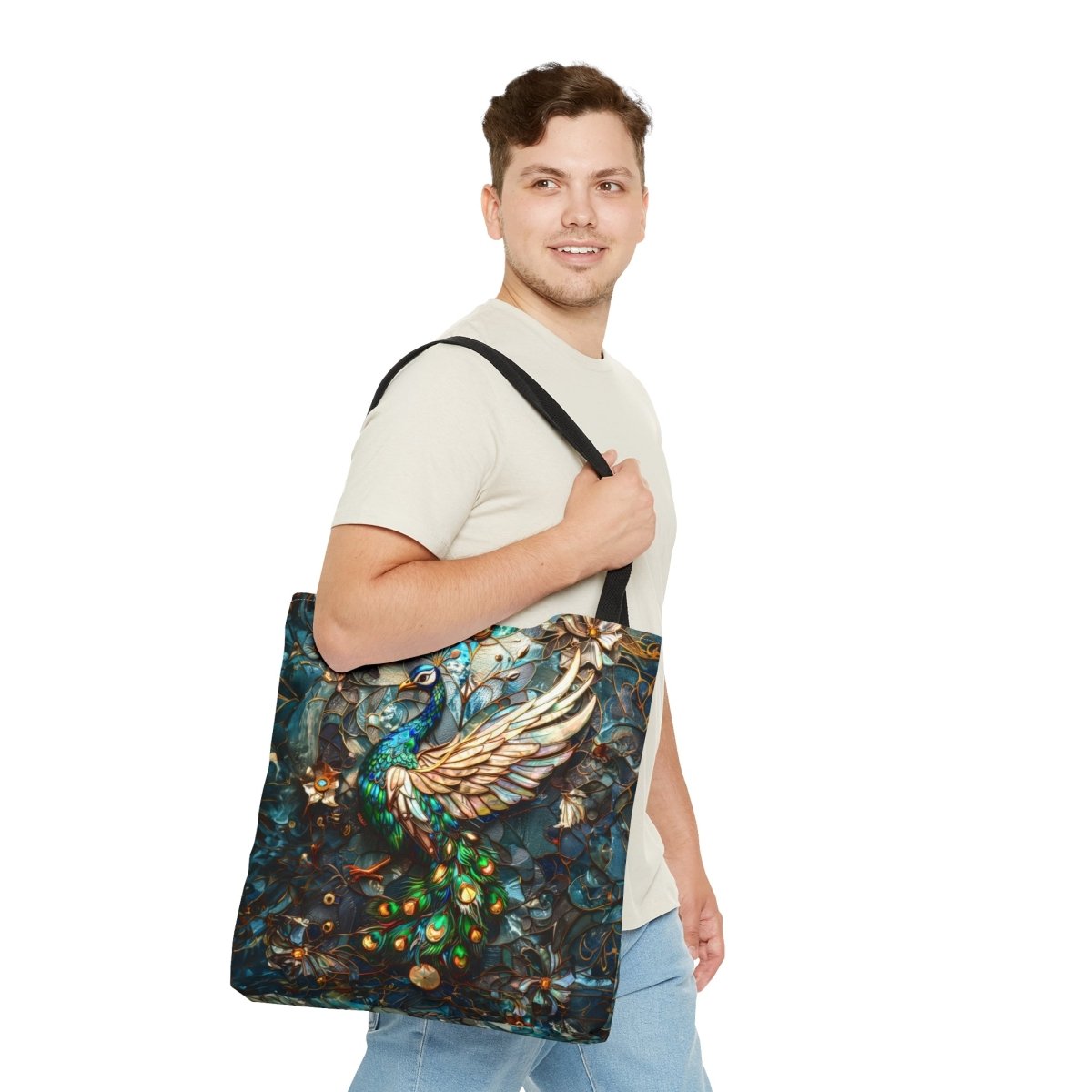 Majestic Harmony: Stained Glass Peacock Tote Bag - Elegant Deer