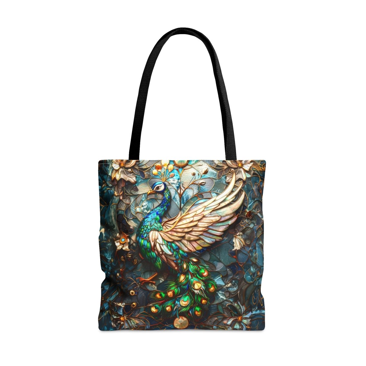 Majestic Harmony: Stained Glass Peacock Tote Bag - Elegant Deer
