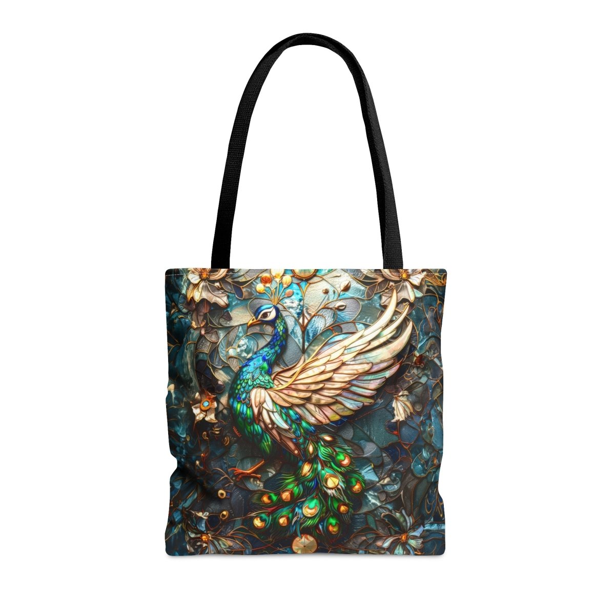Majestic Harmony: Stained Glass Peacock Tote Bag - Elegant Deer